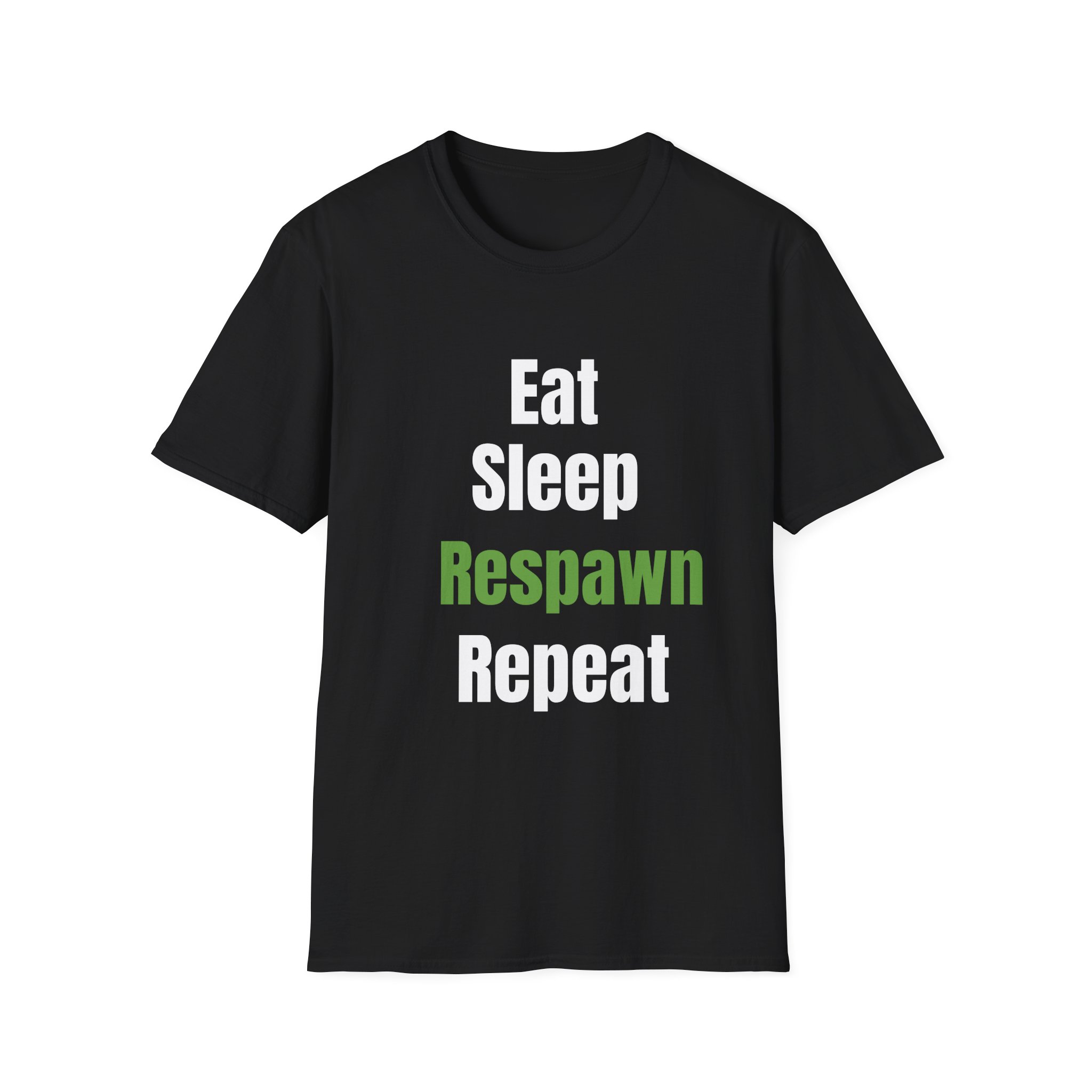 Eat Sleep RESPAWN Repeat T-Shirt – Funny Gamer T Shirt for Teens and Adults – Black Shirt with Green Text – Vérité Couture